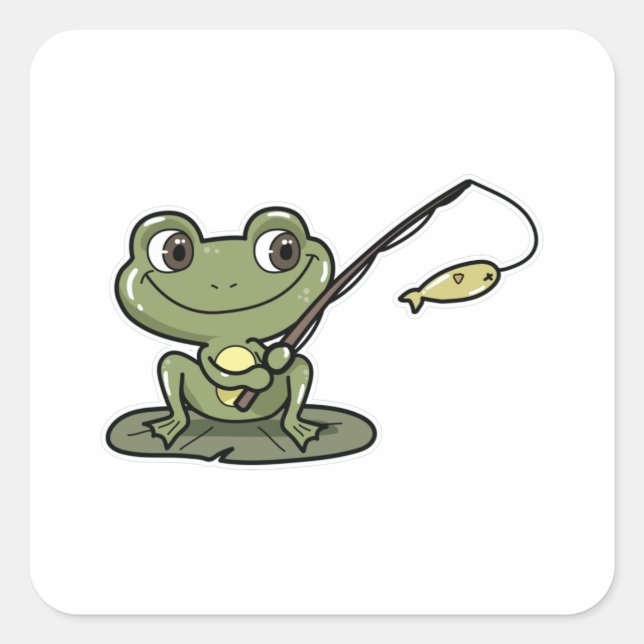 Frog at Fishing with Fishing rod Square Sticker (Front)