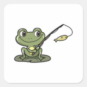 Frog at Fishing with Fishing rod Square Sticker