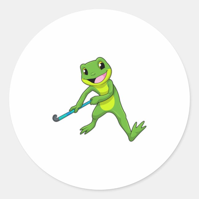 Frog at Hockey with Hockey bat Classic Round Sticker (Front)