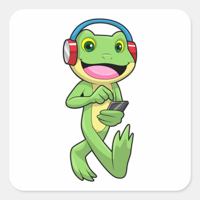 Frog at Music with Headphone Square Sticker (Front)