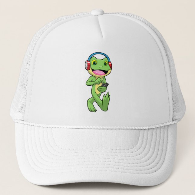 Frog at Music with Headphone Trucker Hat (Front)