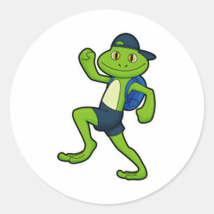 Frog at Running with Backpack & Hat Classic Round Sticker