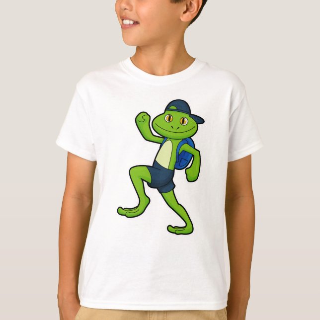 Frog at Running with Backpack & Hat T-Shirt (Front)