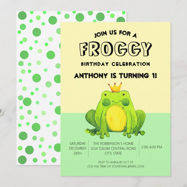 Frog baby 1st birthday green confetti personalised invitation (Front/Back)