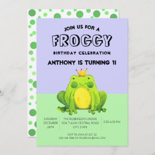 Frog baby 1st birthday green confetti personalised invitation