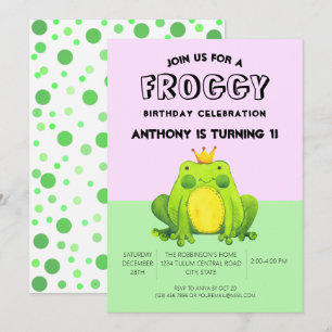 Frog baby 1st birthday green confetti personalised invitation