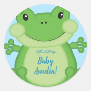 Frog Baby Shower Blue Classic Round Sticker
