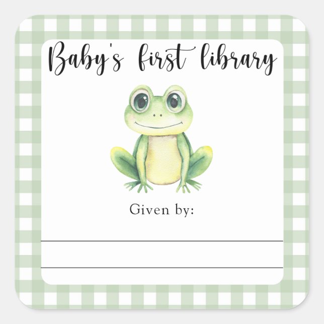 Frog Baby Shower bookplate - baby's first library Square Sticker (Front)