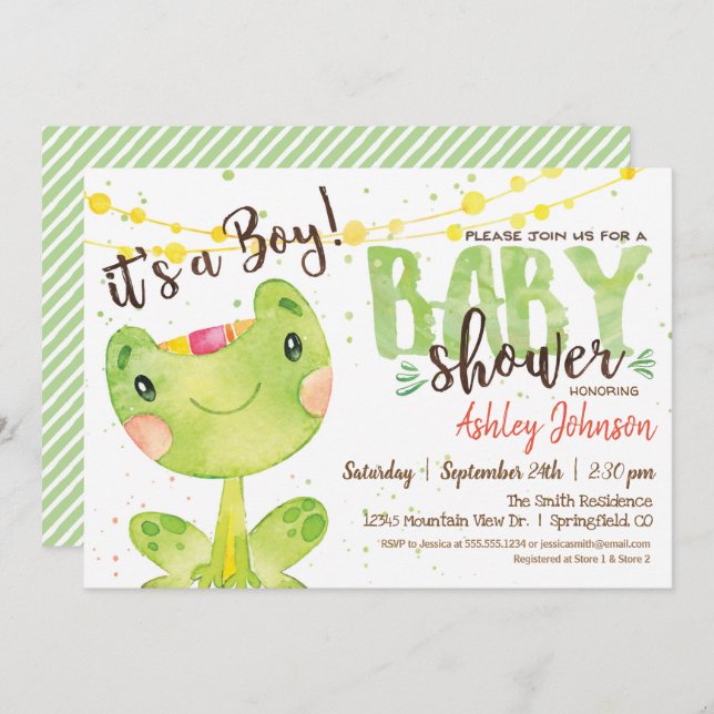 Frog Baby Shower invitation, Boy Invitation (Front/Back)