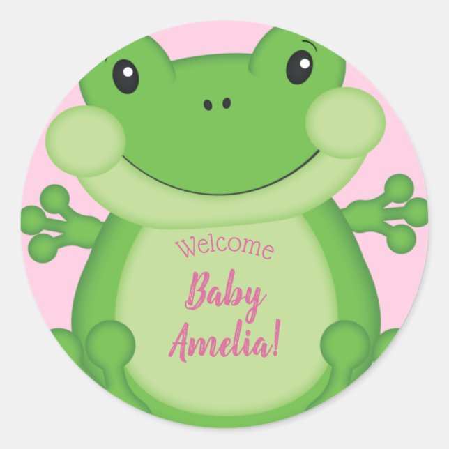 Frog Baby Shower Pink Girl Classic Round Sticker (Front)