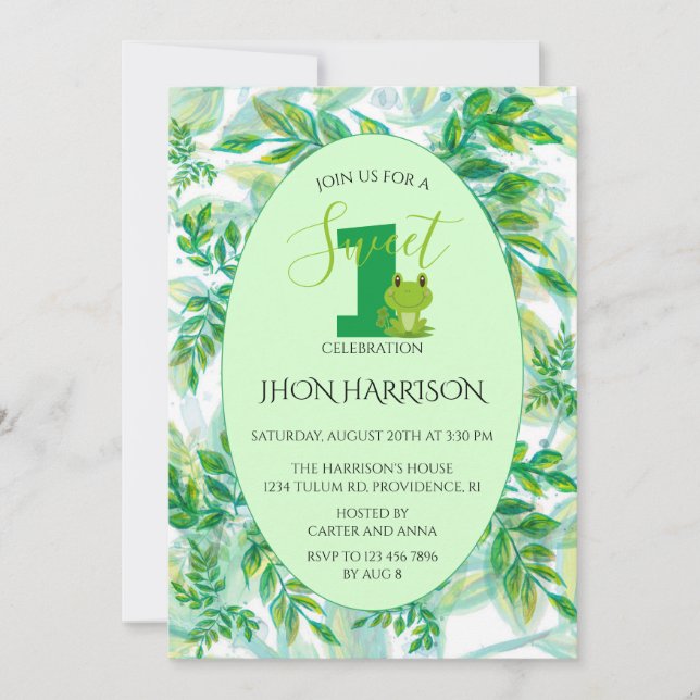 Frog birthday party Green Froggy theme invitation (Front)