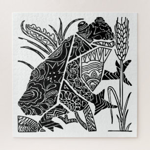 Frog boho floral abstract black and white tribal  jigsaw puzzle