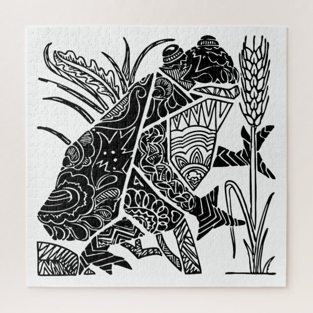 Frog boho floral abstract black and white tribal  jigsaw puzzle (Vertical)