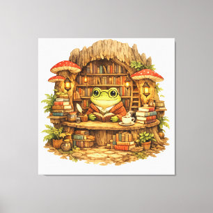 Frog Bookstore Shirt Cottagecore Frog Reading Canvas Print