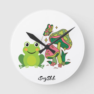 frog, butterfly and mushrooms round clock