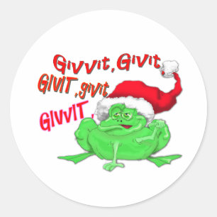 Frog cartoon with frog santa hat givit givit givit classic round sticker