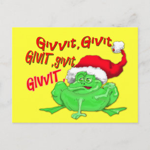 Frog cartoon with frog santa hat givit givit givit holiday postcard