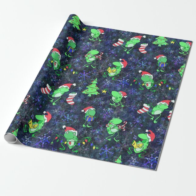 Frog Christmas -- Cute Frog Xmas Party Purple Snow Wrapping Paper (Unrolled)
