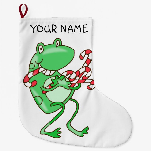 Frog Christmas -- Frog, Candy Cane Xmas  Large Christmas Stocking (Front)