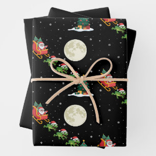 Frog Christmas Santa Sleigh Full Moon Snowy Night Wrapping Paper Sheet