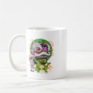 Frog Dancing with Lion Mask Retro Fantasy Illustra Coffee Mug