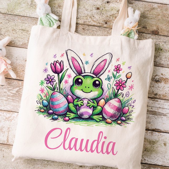 Frog Easter Kids Name Girls Bunny  Tote Bag (Frog Girls Easter Tote)