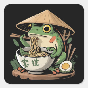 Frog Eating Ramen Kawaii Neko Japanese Noodles Square Sticker