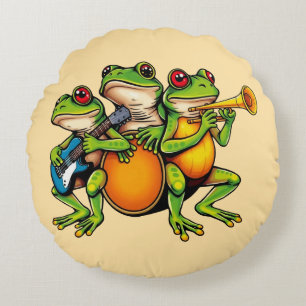 Frog family band playing guitar and drums round cushion