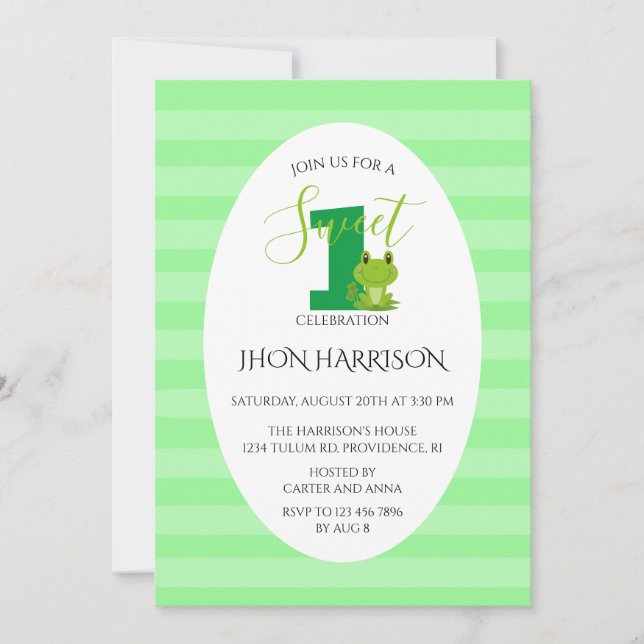 Frog First birthday party Stripes Invitation (Front)