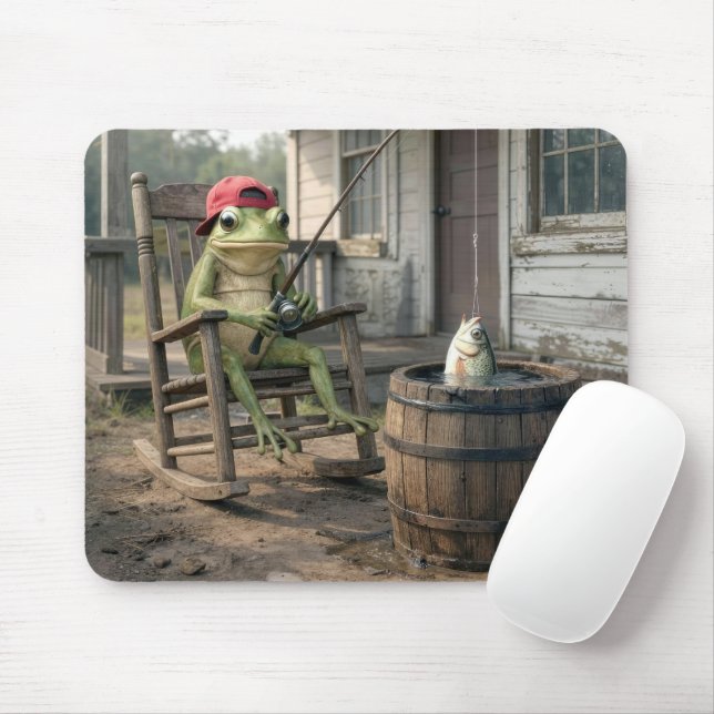 Frog Fishing in a Whiskey Barrel Mouse Mat (With Mouse)