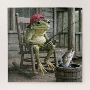 Frog Fishing in a Whisky Barrel Jigsaw Puzzle