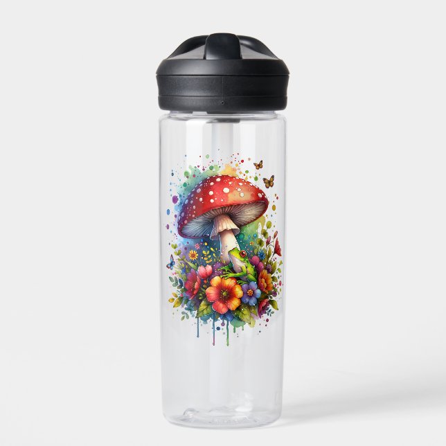 Frog Flowers Butterflies and Mushroom Personalised Water Bottle (Front)