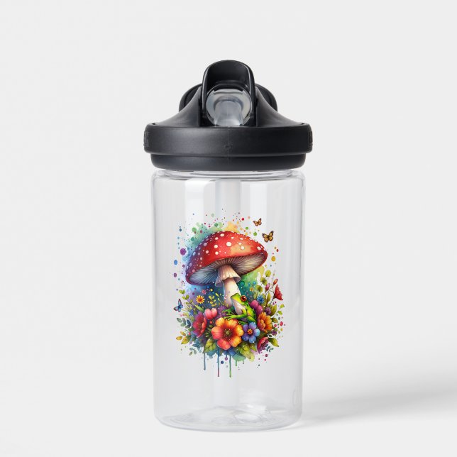 Frog Flowers Butterflies and Mushroom Personalised Water Bottle (Front)