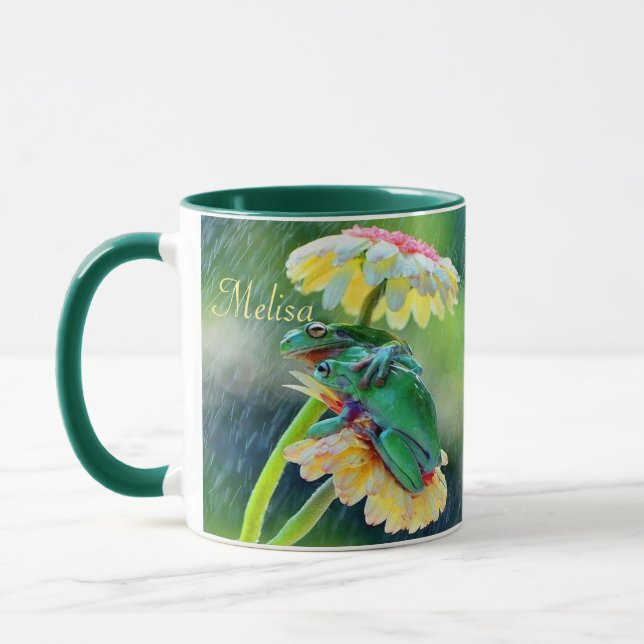 Frog Friends Flowers Rain Gift Name Coffee Mug (Left)