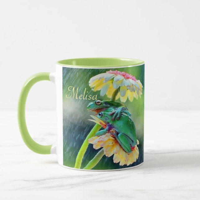 Frog Friends Flowers Rain Gift Name Coffee Mug (Left)