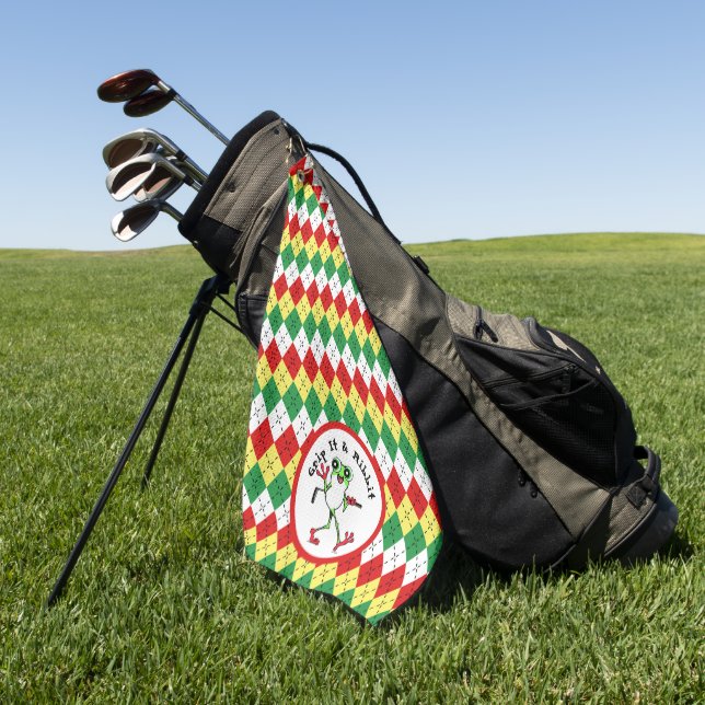 Frog Golfing Grip It and Ribbit Green Red Argyle Golf Towel (Green)