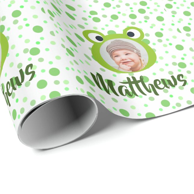 Frog Green Dots Birthday Party kids Name Photo   Wrapping Paper (Roll Corner)