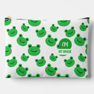 Frog Happy Face Pattern Green Monogram School Accessory Pouch