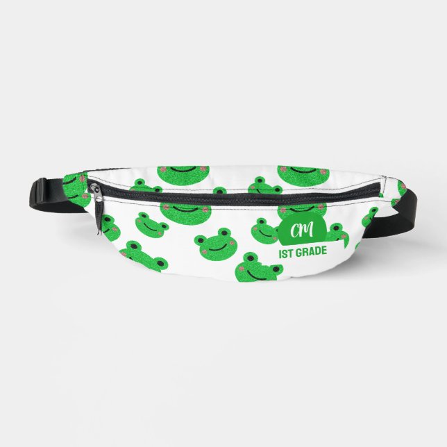 Frog Happy Face Pattern Green Monogram School Bum Bags (Front)