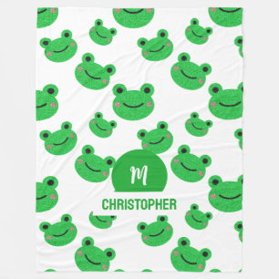 Frog Happy Face Pattern Green Monogram School Fleece Blanket