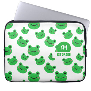 Frog Happy Face Pattern Green Monogram School Laptop Sleeve