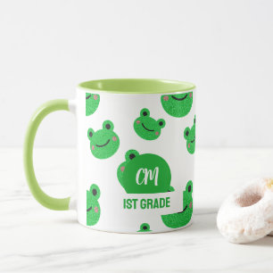 Frog Happy Face Pattern Green Monogram School Mug