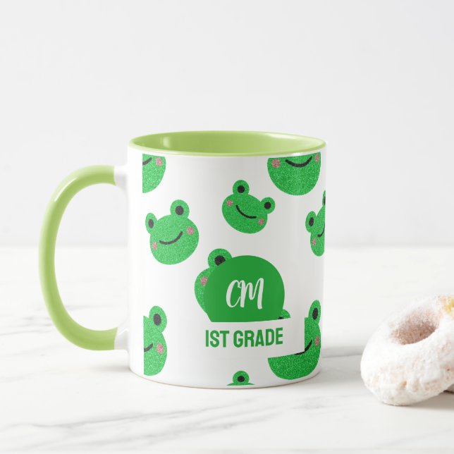 Frog Happy Face Pattern Green Monogram School Mug (With Donut)