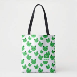 Frog Happy Face Pattern Green Monogram School Tote Bag