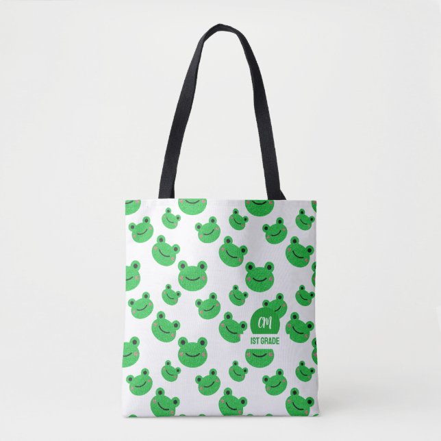 Frog Happy Face Pattern Green Monogram School Tote Bag (Front)