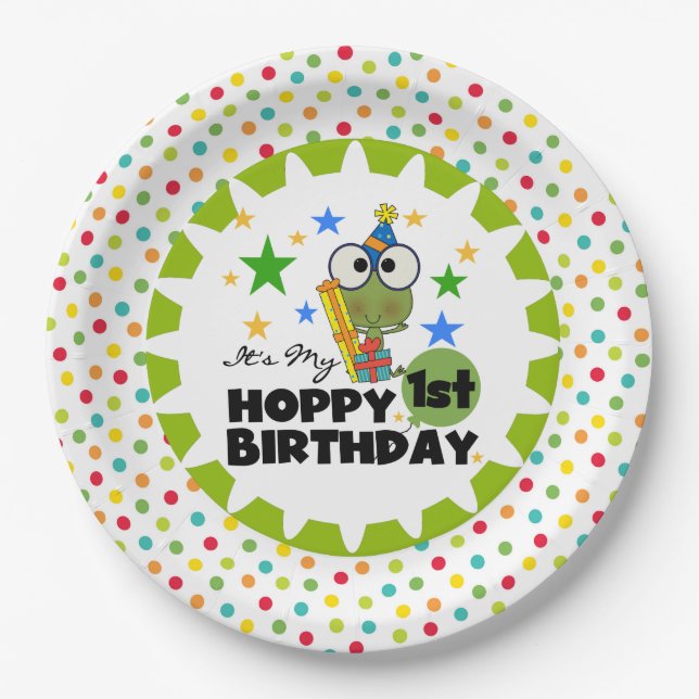 Frog Hoppy 1st Birthday Paper Plates (Front)