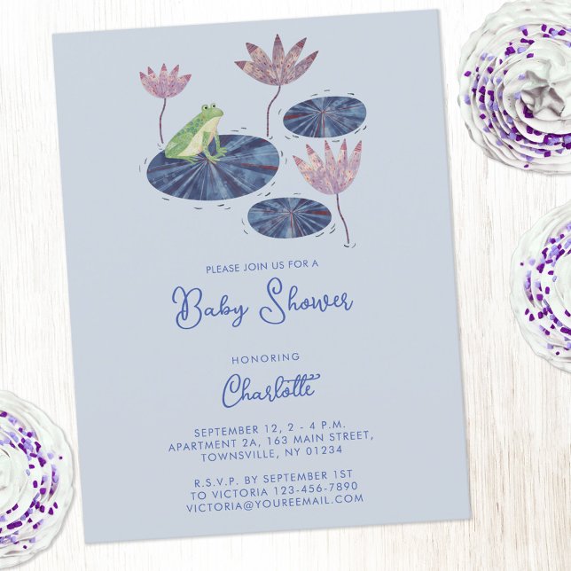 Frog in a Lily Pond Cute Baby Shower Invitation Postcard (Frog on a lily leaf fun gender neutral baby shower for boy or girl with custom text)