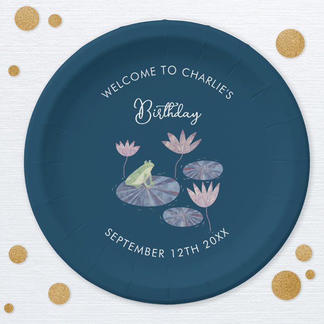 Frog in a Lily Pond Cute Birthday Party Paper Plate (Cute frog themed kids birthday party personalized paper plates)
