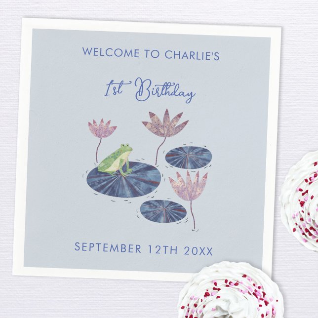 Frog in a Lily Pond Cute First Birthday Party Napkin (Personalized frog themed first 1st birthday custom age party paper napkins)
