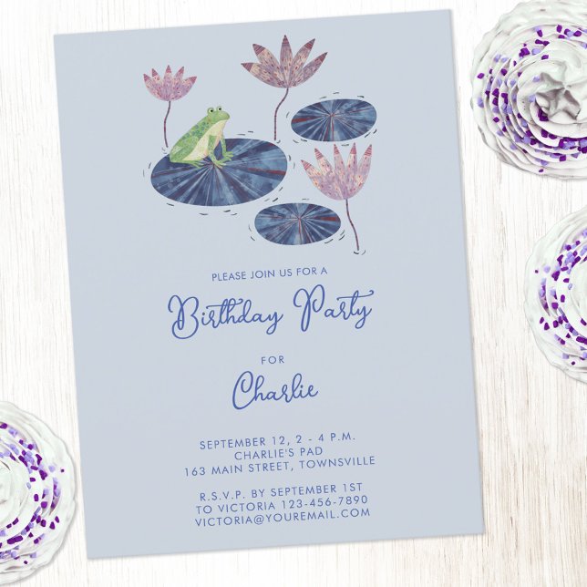 Frog in a Lily Pond Cute Kids Birthday Party Postcard (Cute frog themed kids birthday party personalized custom text invitation postcard)